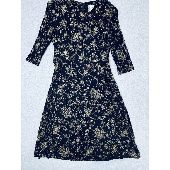 Vintage Peri Petites Black & Gold Floral Dress - Buttons - Size 14 - Retro Soft - Picture 3 of 11